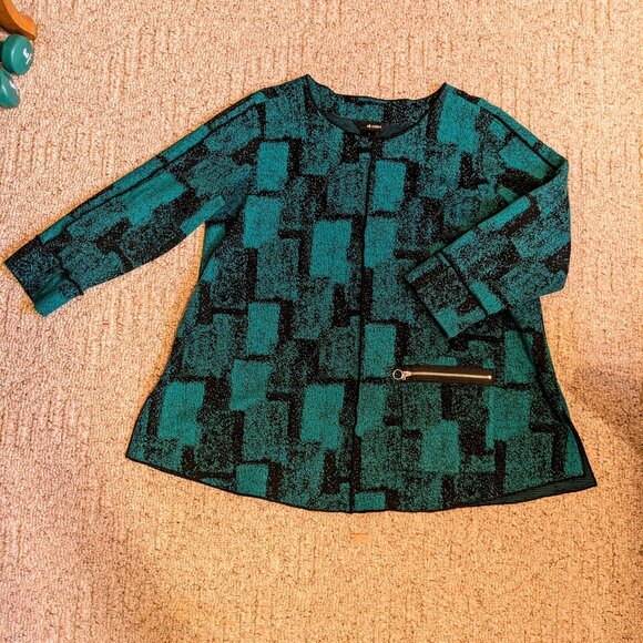 Ali Miles top Shirt Blouse Size Large Stretch Green Black 3/4 Sleeve Pocket - Picture 2 of 11
